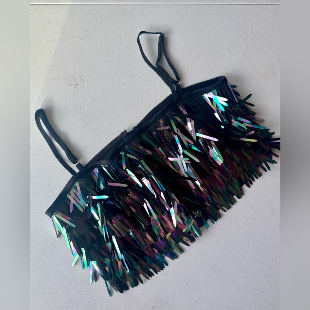 Black and Iridescent Fringe Crop Top